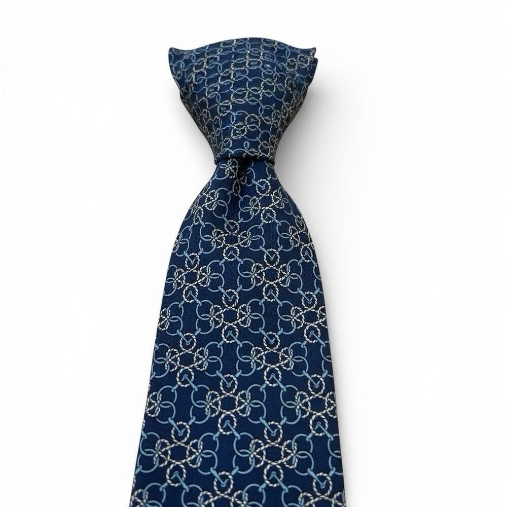 HERMES Men's Silk Designer Luxury Necktie Chaîne d'Ancre Pattern Anchor Chains